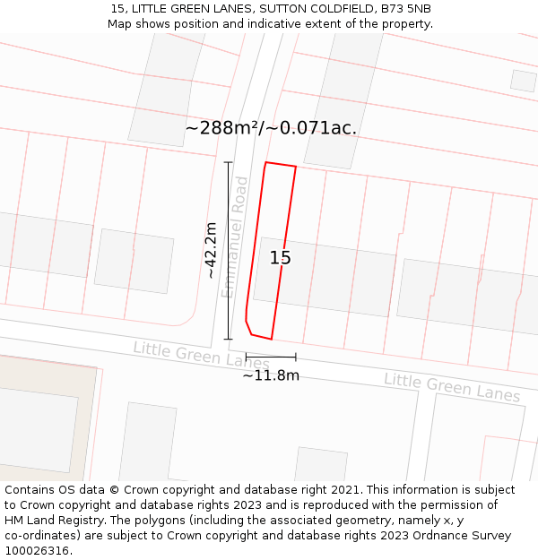 15, LITTLE GREEN LANES, SUTTON COLDFIELD, B73 5NB: Plot and title map