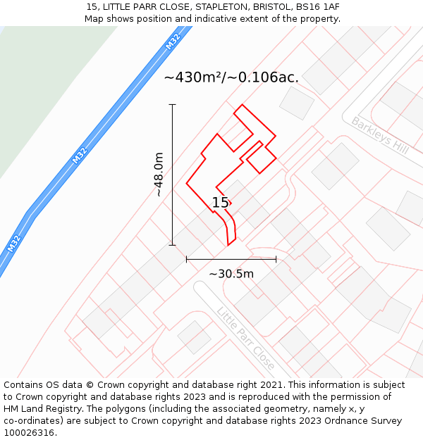 15, LITTLE PARR CLOSE, STAPLETON, BRISTOL, BS16 1AF: Plot and title map