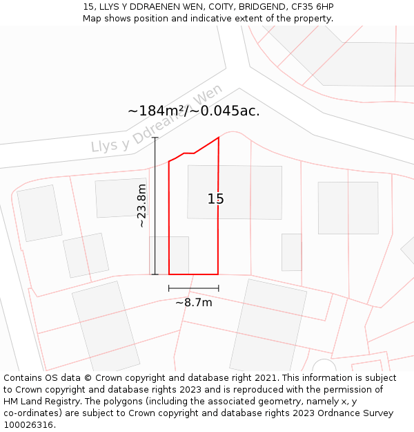 15, LLYS Y DDRAENEN WEN, COITY, BRIDGEND, CF35 6HP: Plot and title map