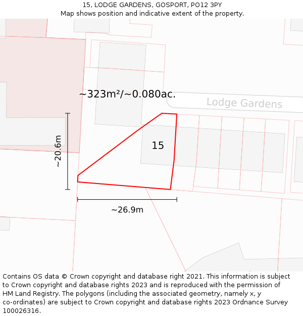 15, LODGE GARDENS, GOSPORT, PO12 3PY: Plot and title map