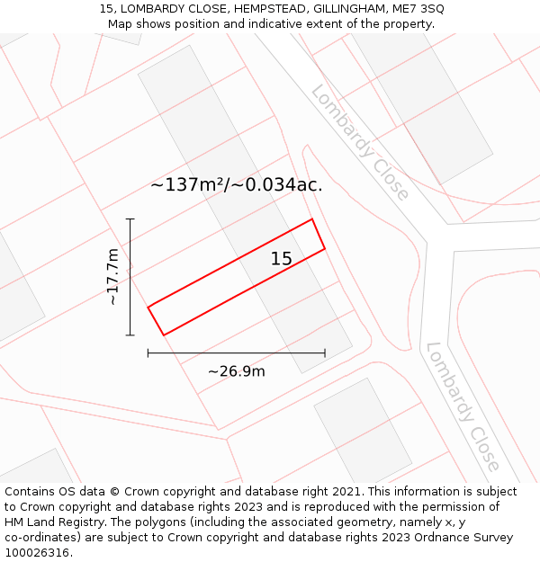 15, LOMBARDY CLOSE, HEMPSTEAD, GILLINGHAM, ME7 3SQ: Plot and title map