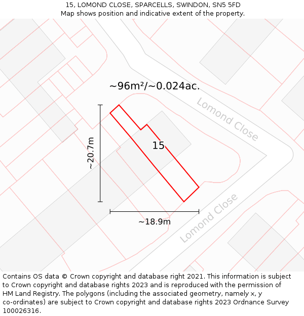 15, LOMOND CLOSE, SPARCELLS, SWINDON, SN5 5FD: Plot and title map