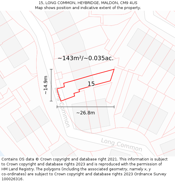 15, LONG COMMON, HEYBRIDGE, MALDON, CM9 4US: Plot and title map
