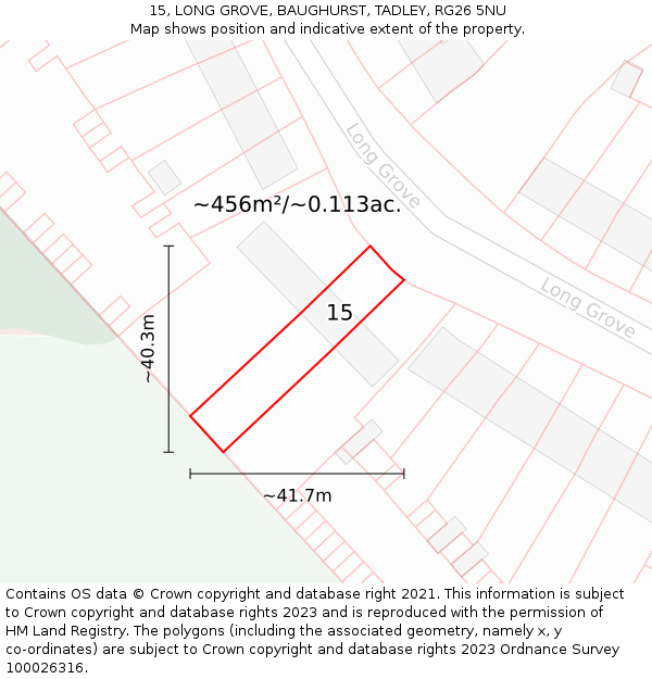 15, LONG GROVE, BAUGHURST, TADLEY, RG26 5NU: Plot and title map