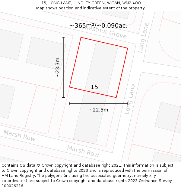 15, LONG LANE, HINDLEY GREEN, WIGAN, WN2 4QQ: Plot and title map