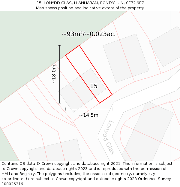 15, LONYDD GLAS, LLANHARAN, PONTYCLUN, CF72 9FZ: Plot and title map