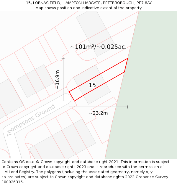 15, LORNAS FIELD, HAMPTON HARGATE, PETERBOROUGH, PE7 8AY: Plot and title map