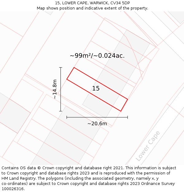 15, LOWER CAPE, WARWICK, CV34 5DP: Plot and title map