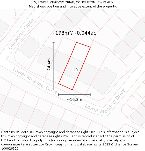 15, LOWER MEADOW DRIVE, CONGLETON, CW12 4UX: Plot and title map