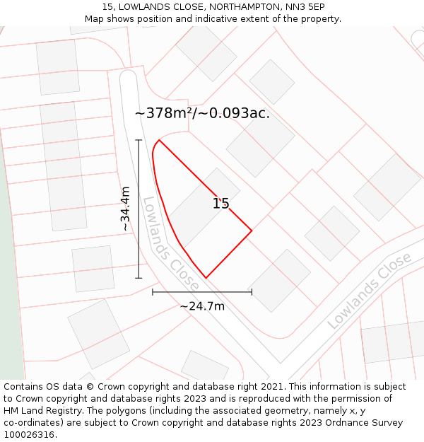 15, LOWLANDS CLOSE, NORTHAMPTON, NN3 5EP: Plot and title map