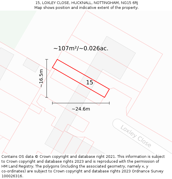 15, LOXLEY CLOSE, HUCKNALL, NOTTINGHAM, NG15 6RJ: Plot and title map