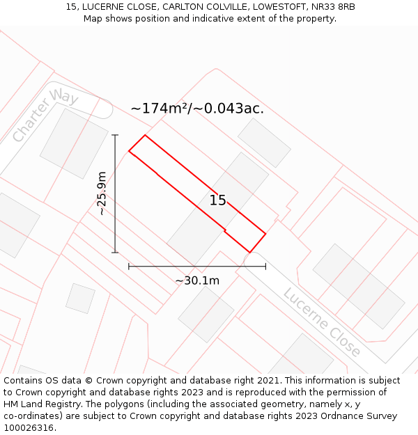 15, LUCERNE CLOSE, CARLTON COLVILLE, LOWESTOFT, NR33 8RB: Plot and title map