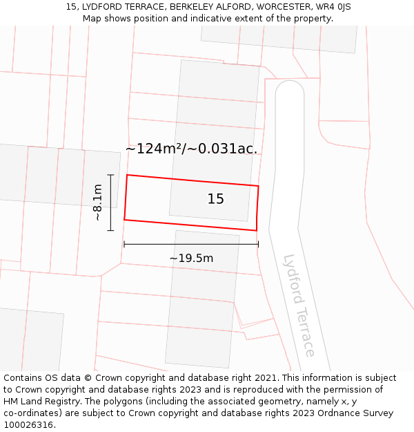 15, LYDFORD TERRACE, BERKELEY ALFORD, WORCESTER, WR4 0JS: Plot and title map