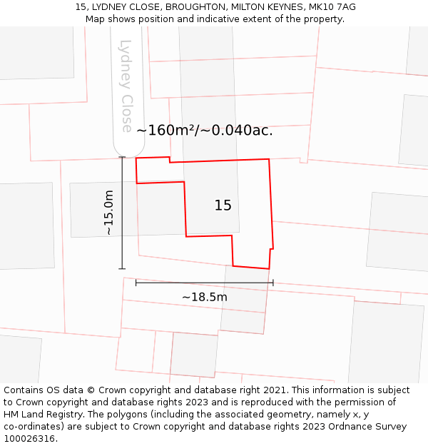15, LYDNEY CLOSE, BROUGHTON, MILTON KEYNES, MK10 7AG: Plot and title map