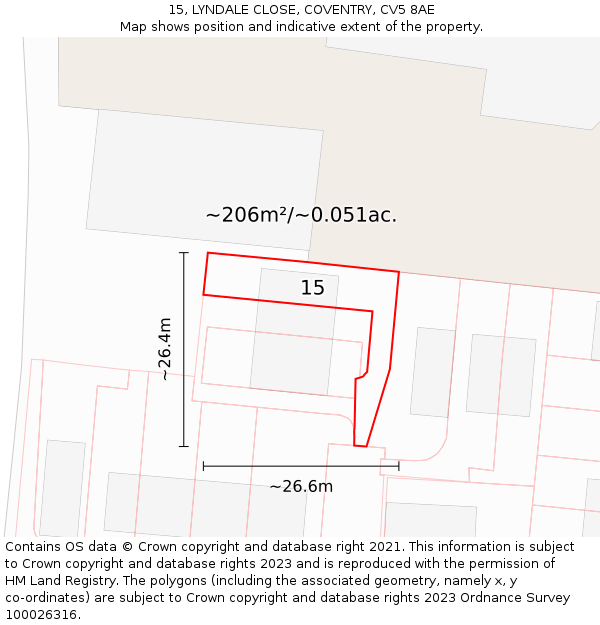15, LYNDALE CLOSE, COVENTRY, CV5 8AE: Plot and title map
