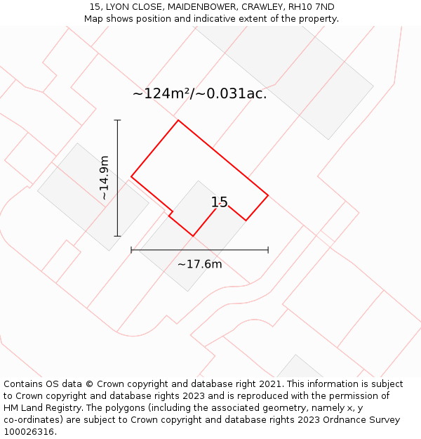 15, LYON CLOSE, MAIDENBOWER, CRAWLEY, RH10 7ND: Plot and title map