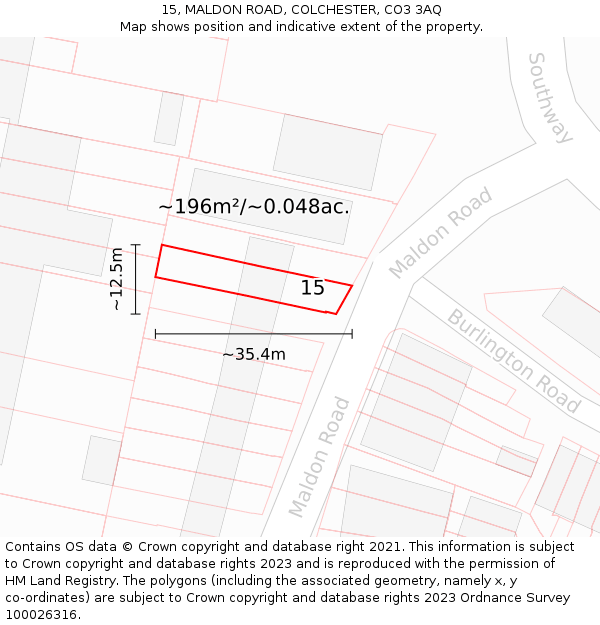 15, MALDON ROAD, COLCHESTER, CO3 3AQ: Plot and title map