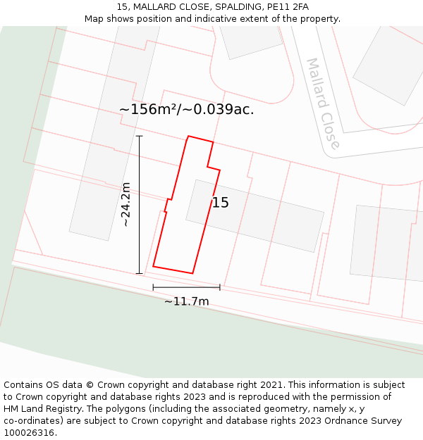 15, MALLARD CLOSE, SPALDING, PE11 2FA: Plot and title map