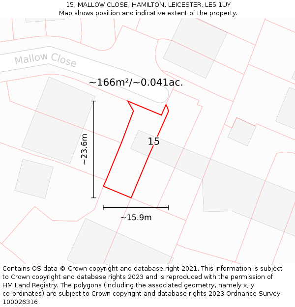 15, MALLOW CLOSE, HAMILTON, LEICESTER, LE5 1UY: Plot and title map