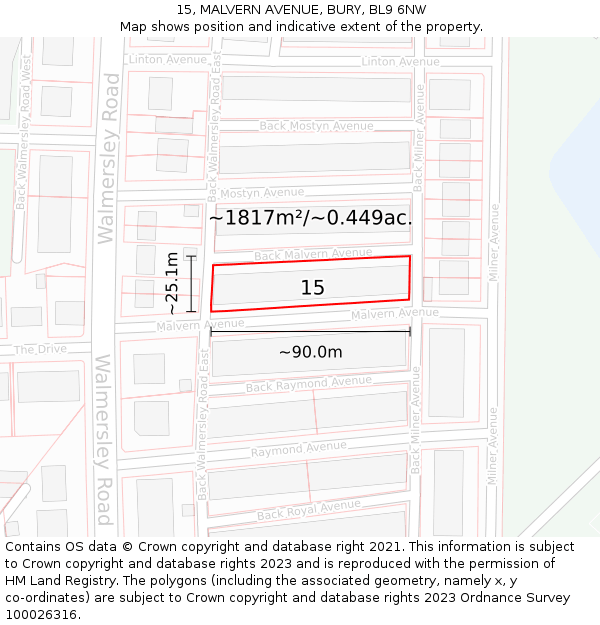 15, MALVERN AVENUE, BURY, BL9 6NW: Plot and title map