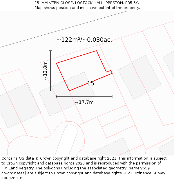 15, MALVERN CLOSE, LOSTOCK HALL, PRESTON, PR5 5YU: Plot and title map