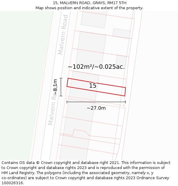 15, MALVERN ROAD, GRAYS, RM17 5TH: Plot and title map