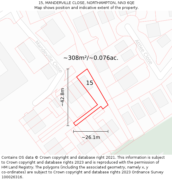 15, MANDERVILLE CLOSE, NORTHAMPTON, NN3 6QE: Plot and title map