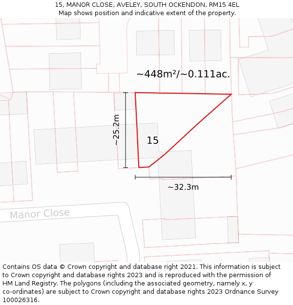 15, MANOR CLOSE, AVELEY, SOUTH OCKENDON, RM15 4EL: Plot and title map
