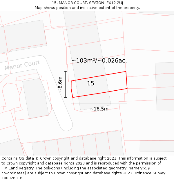 15, MANOR COURT, SEATON, EX12 2UJ: Plot and title map