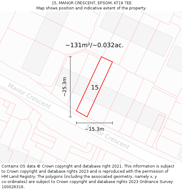 15, MANOR CRESCENT, EPSOM, KT19 7EE: Plot and title map