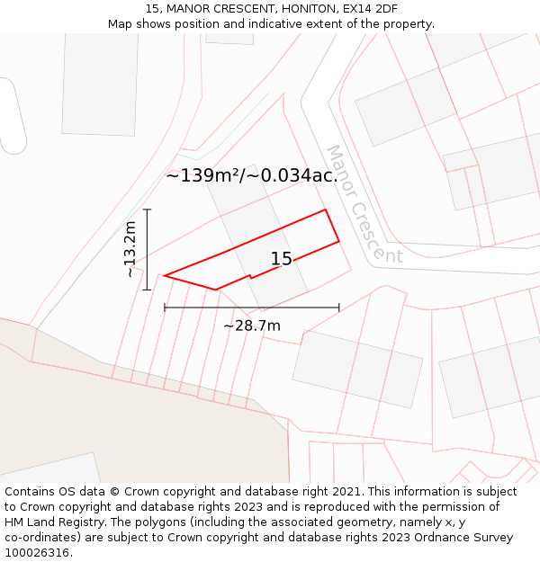 15, MANOR CRESCENT, HONITON, EX14 2DF: Plot and title map
