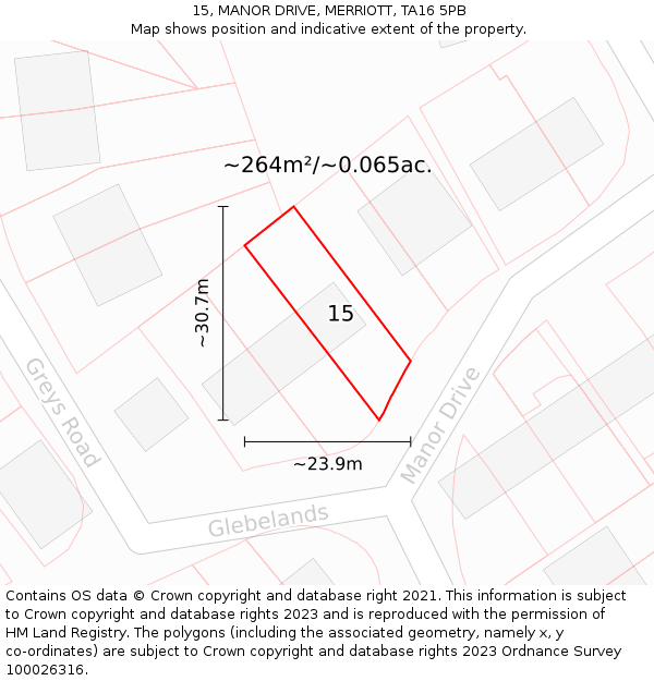 15, MANOR DRIVE, MERRIOTT, TA16 5PB: Plot and title map