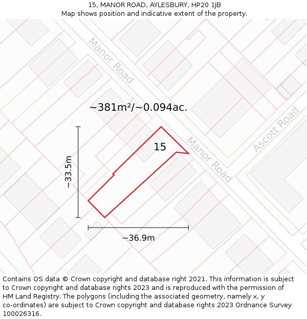15, MANOR ROAD, AYLESBURY, HP20 1JB: Plot and title map