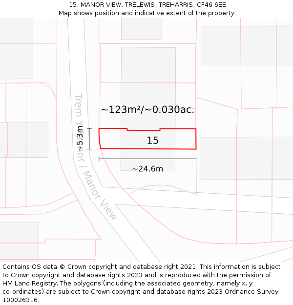 15, MANOR VIEW, TRELEWIS, TREHARRIS, CF46 6EE: Plot and title map