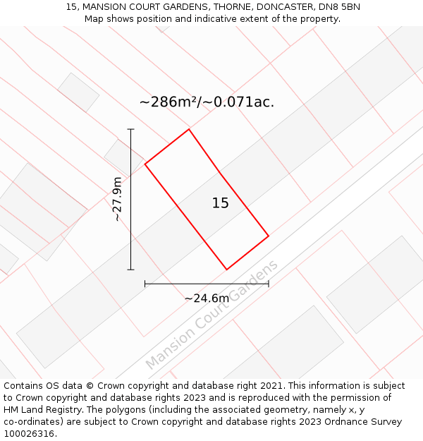 15, MANSION COURT GARDENS, THORNE, DONCASTER, DN8 5BN: Plot and title map
