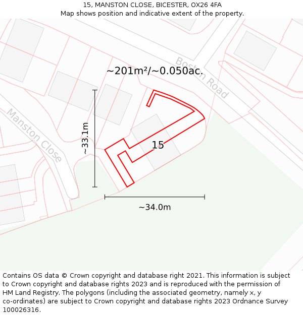 15, MANSTON CLOSE, BICESTER, OX26 4FA: Plot and title map