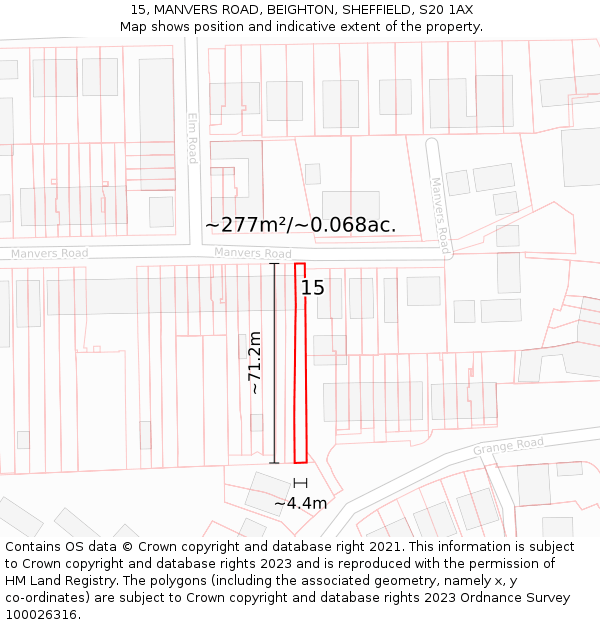 15, MANVERS ROAD, BEIGHTON, SHEFFIELD, S20 1AX: Plot and title map