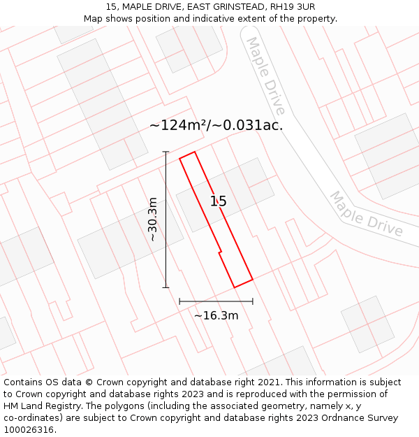 15, MAPLE DRIVE, EAST GRINSTEAD, RH19 3UR: Plot and title map