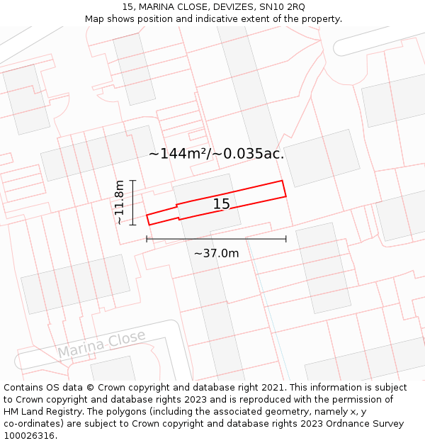 15, MARINA CLOSE, DEVIZES, SN10 2RQ: Plot and title map