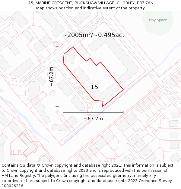 15, MARINE CRESCENT, BUCKSHAW VILLAGE, CHORLEY, PR7 7AN: Plot and title map