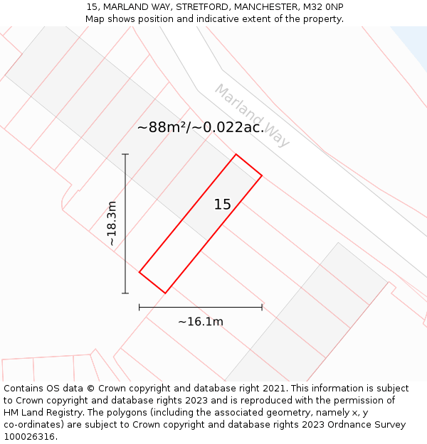 15, MARLAND WAY, STRETFORD, MANCHESTER, M32 0NP: Plot and title map