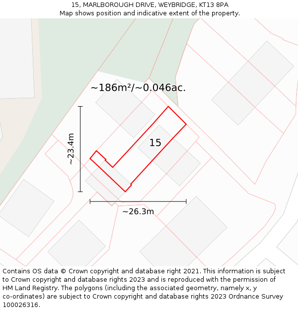 15, MARLBOROUGH DRIVE, WEYBRIDGE, KT13 8PA: Plot and title map
