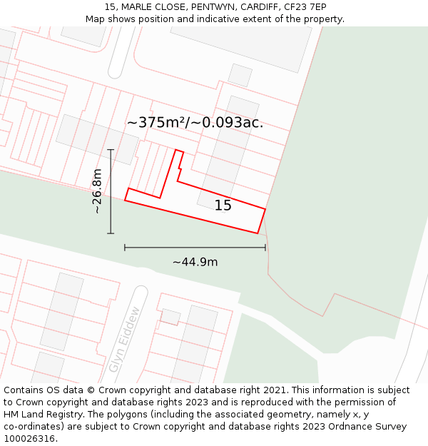 15, MARLE CLOSE, PENTWYN, CARDIFF, CF23 7EP: Plot and title map