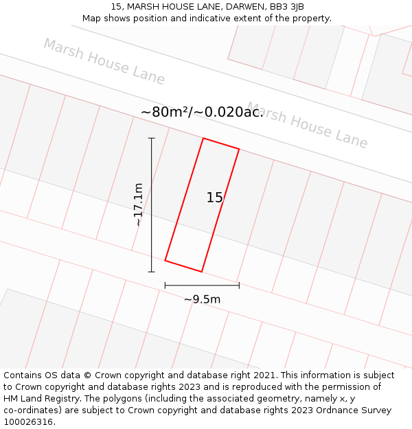 15, MARSH HOUSE LANE, DARWEN, BB3 3JB: Plot and title map