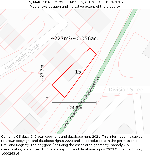 15, MARTINDALE CLOSE, STAVELEY, CHESTERFIELD, S43 3TY: Plot and title map