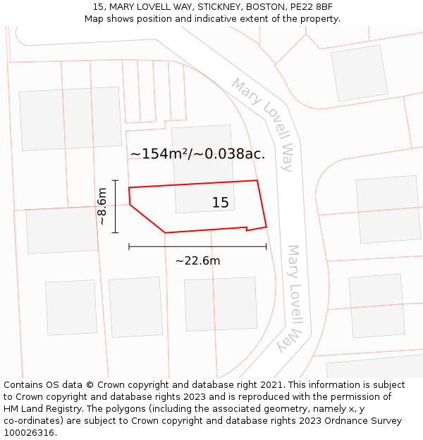 15, MARY LOVELL WAY, STICKNEY, BOSTON, PE22 8BF: Plot and title map