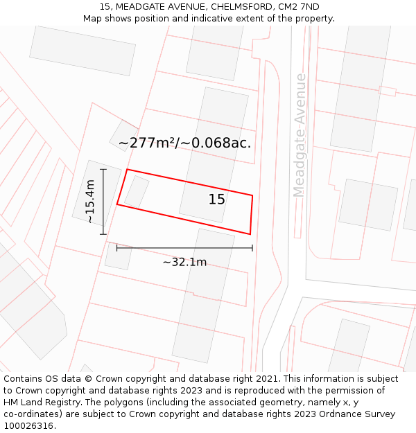 15, MEADGATE AVENUE, CHELMSFORD, CM2 7ND: Plot and title map
