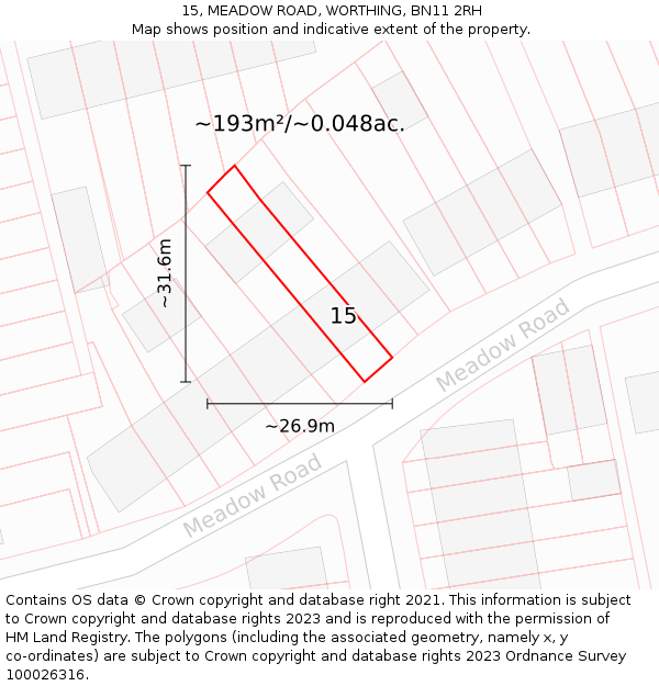 15, MEADOW ROAD, WORTHING, BN11 2RH: Plot and title map