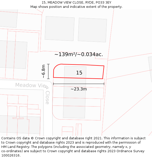 15, MEADOW VIEW CLOSE, RYDE, PO33 3EY: Plot and title map