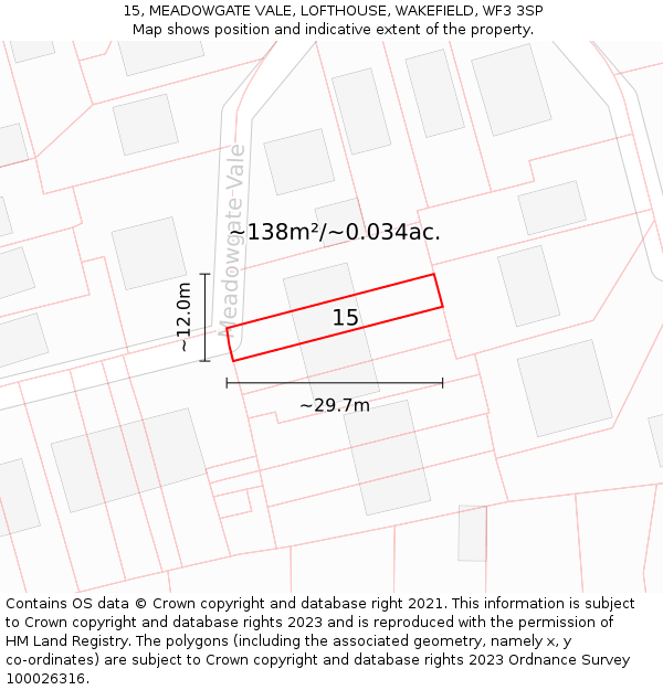 15, MEADOWGATE VALE, LOFTHOUSE, WAKEFIELD, WF3 3SP: Plot and title map